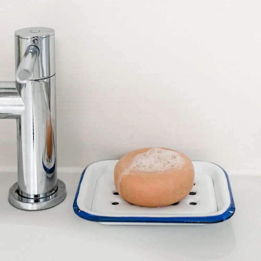 Enamel Soap tray with Shampoo Bar on sink
