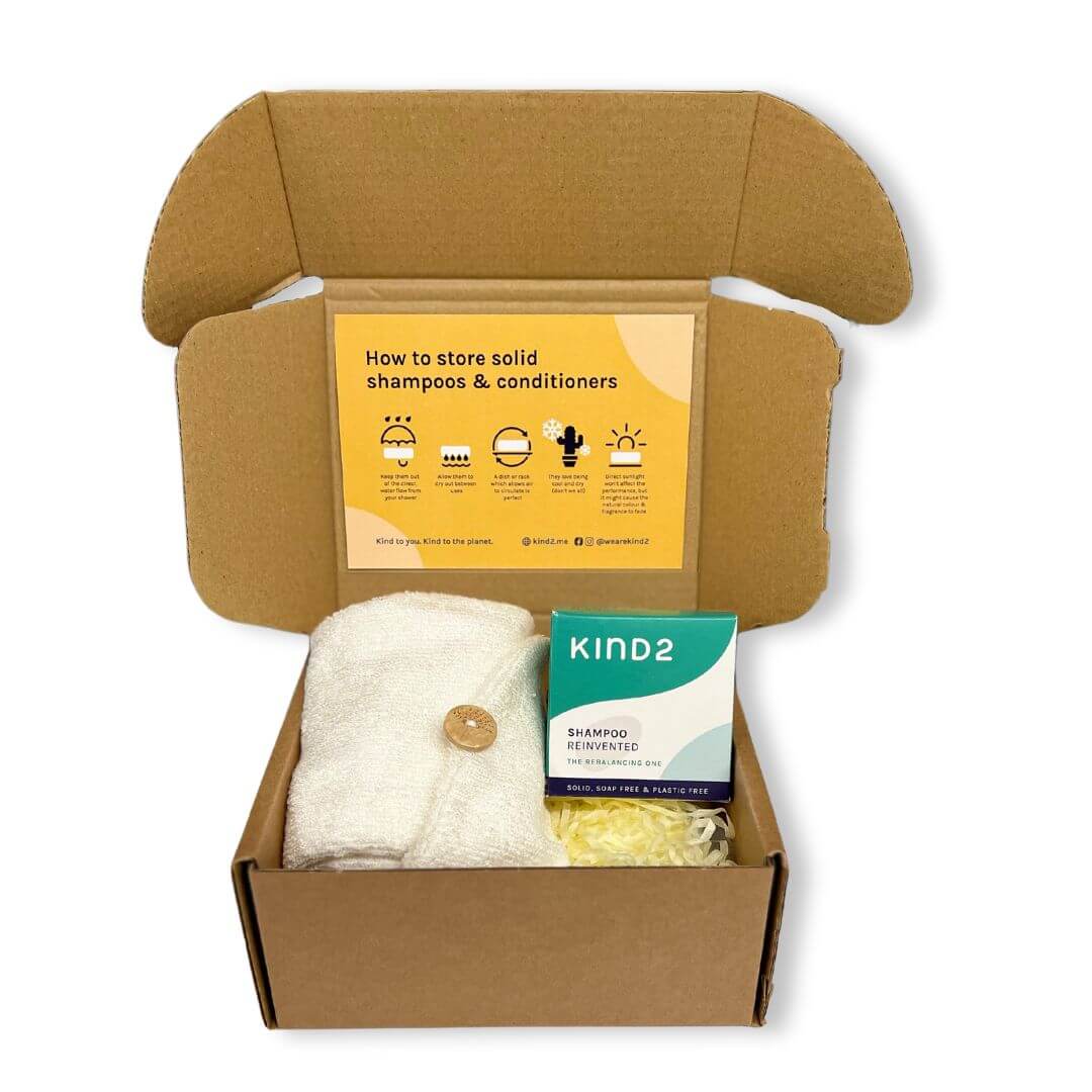 Gift Box with Bamboo Hair Wrap Towel and Rebalancing Shampoo Bar
