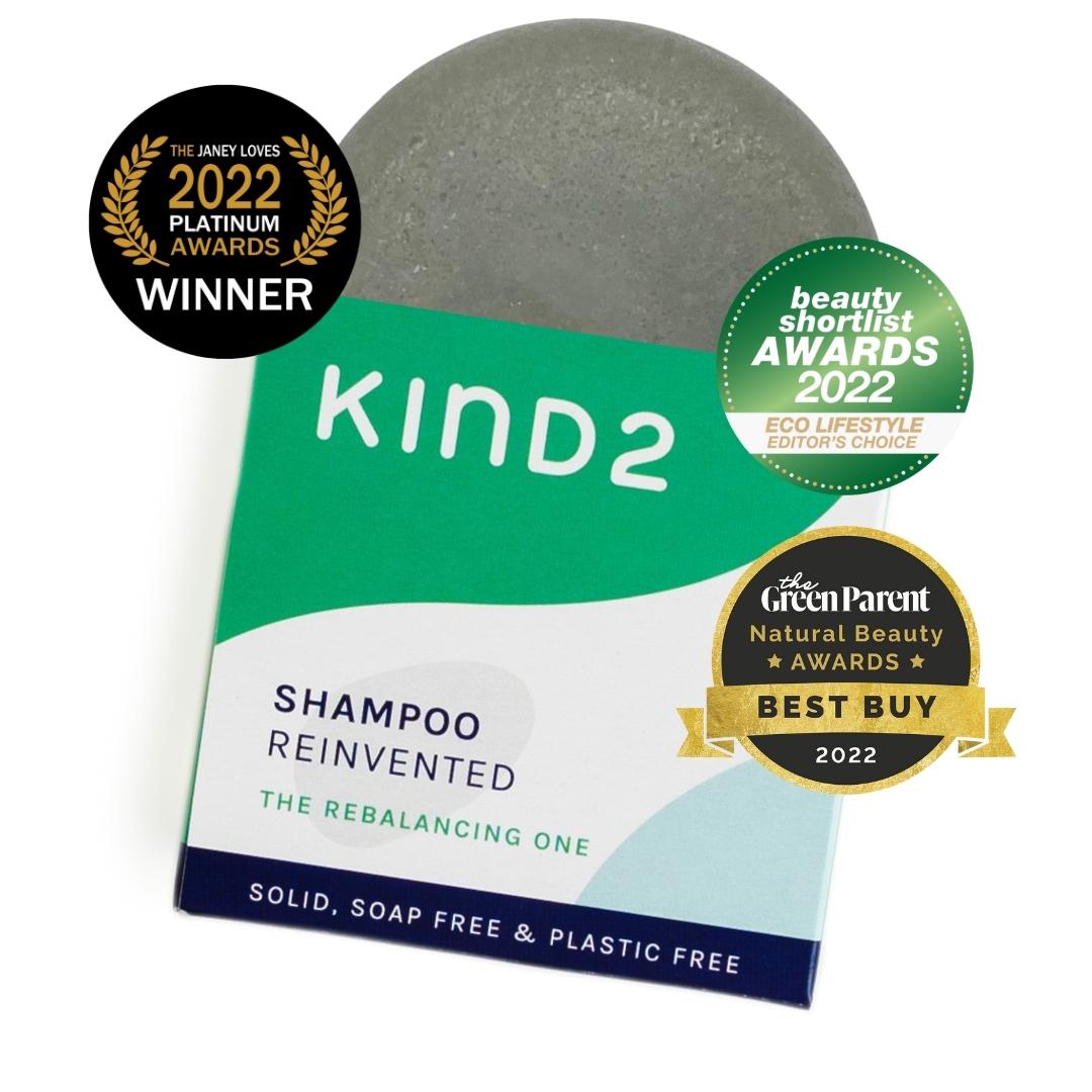 KIND2 Rebalancing Shampoo Bar with award badges