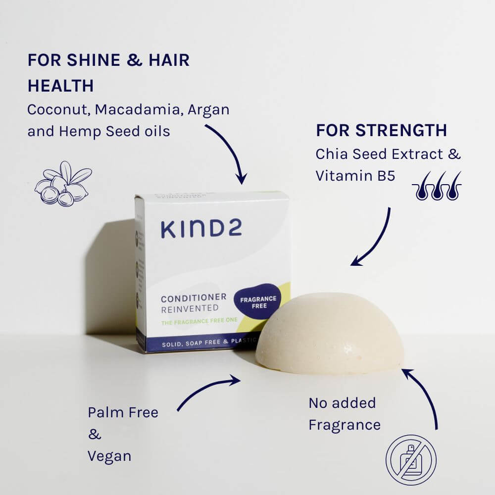 The Fragrance Free One conditioner bar showing benefits