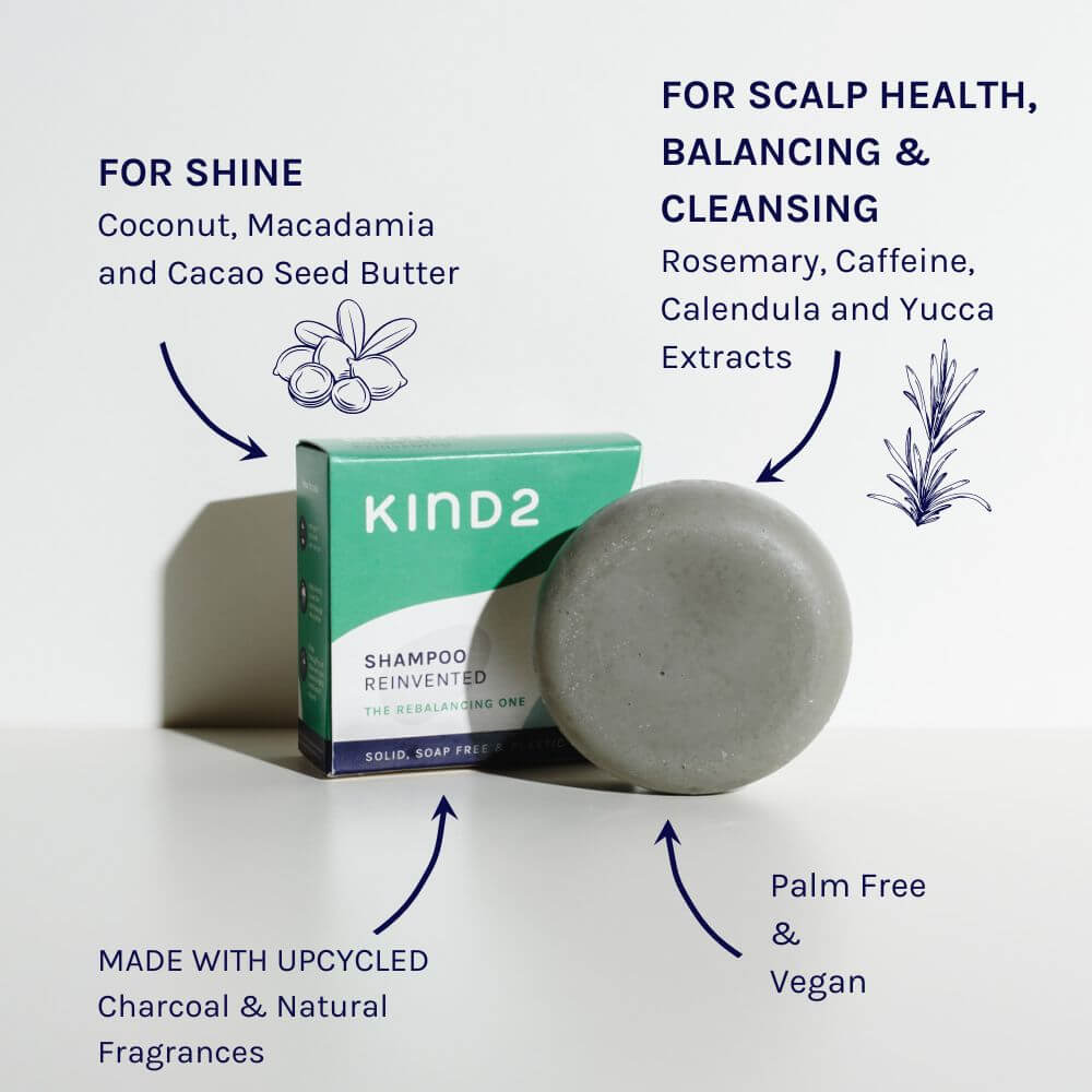 KIND2 The Rebalancing One Rosemary and Mint Shampoo Bar showing benefits