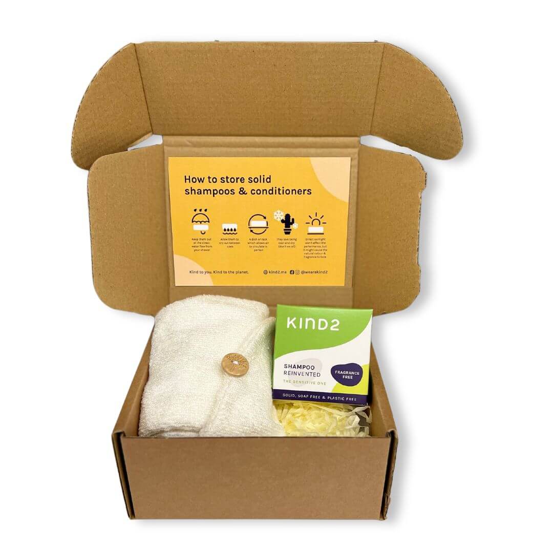 Gift Box with Bamboo Hair Wrap Towel and Sensitive Shampoo Bar